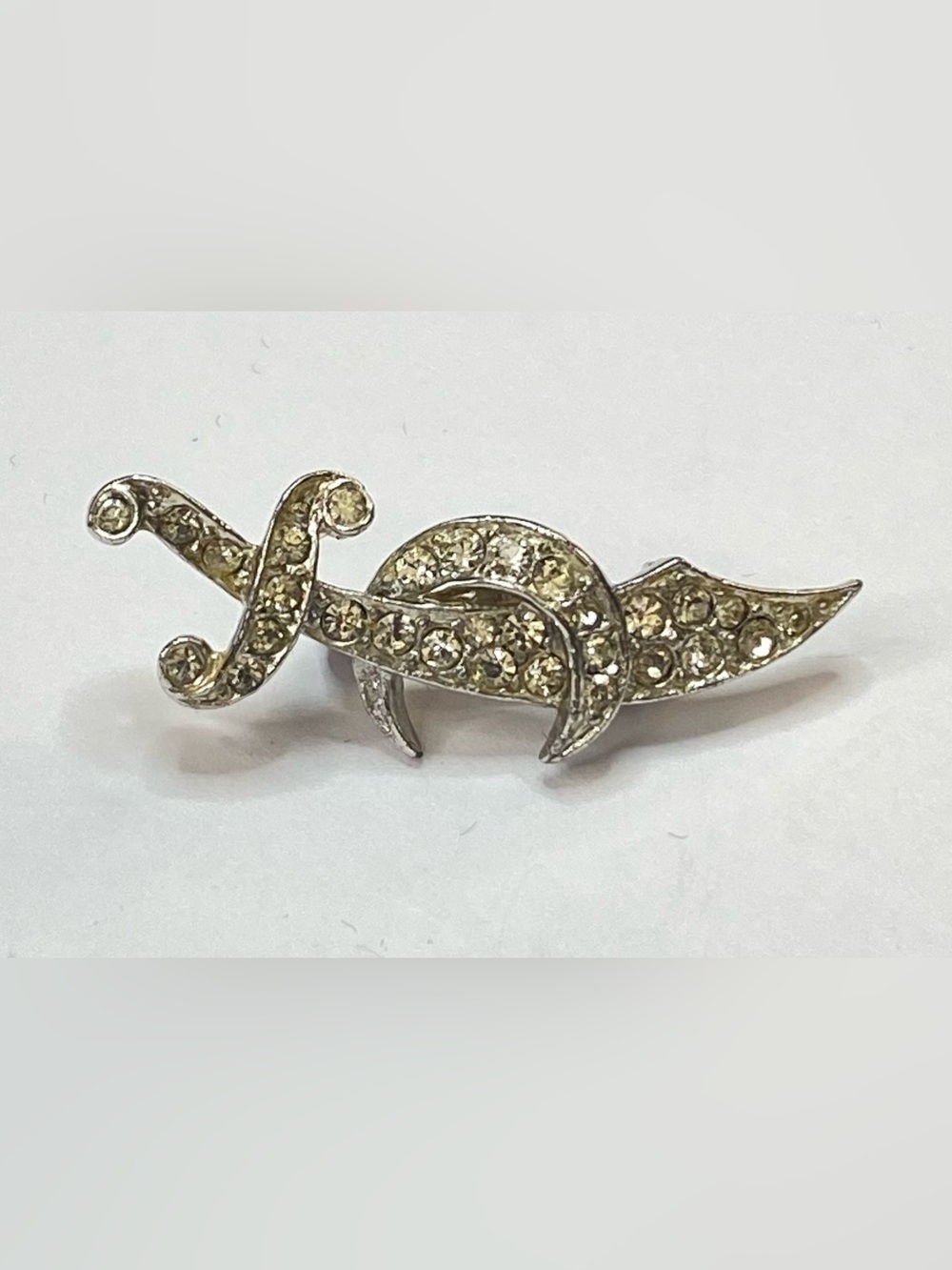 Vintage Kramer of New York Rhinestone Sword Brooch Silver Tone Scimitar Pin